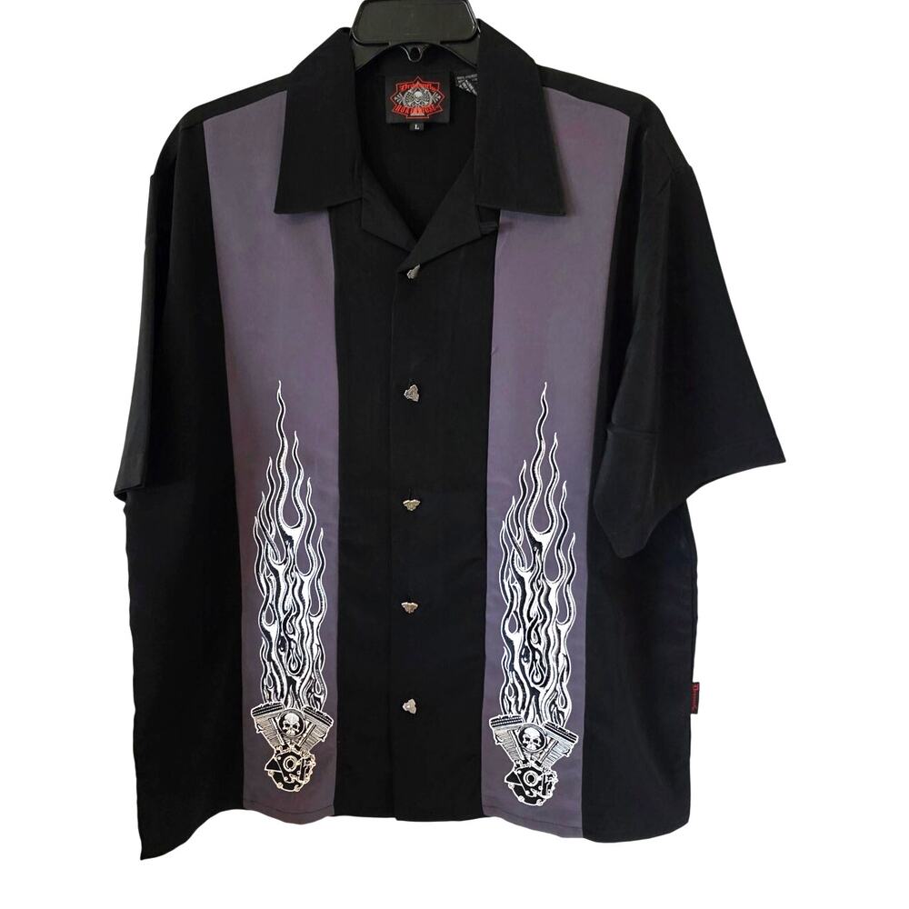 Dragonfly Roadhouse Mens Skull & Flames Button Front Bowling Shirt Large Black